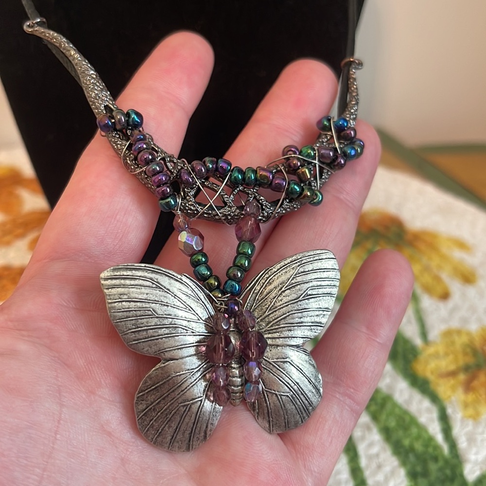 Handcrafted Oil Slick & Aurora Borealis Purple Accent Silver Butterfly Necklace - Picture 3 of 11